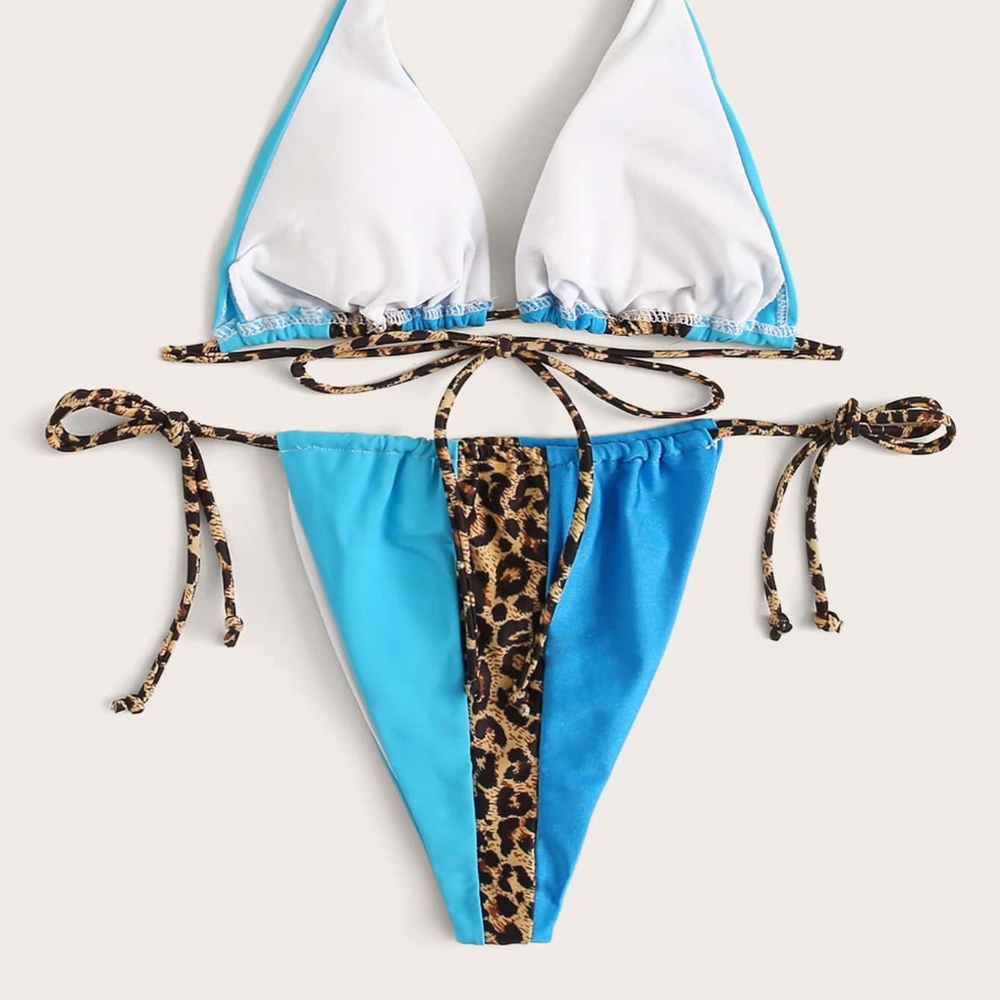 Blue Cheetah Color Block Bikini Swimsuit - Picture 7 of 8